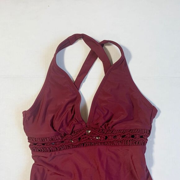 Kona Sol Burgundy Women's Macrame Medium Coverage One Piece Swimsuit Size S - Picture 8 of 9